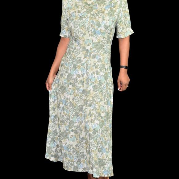 Vintage Rabbit Designs Dress Green Button Back Foliage Print Maxi Size Small - Picture 11 of 12